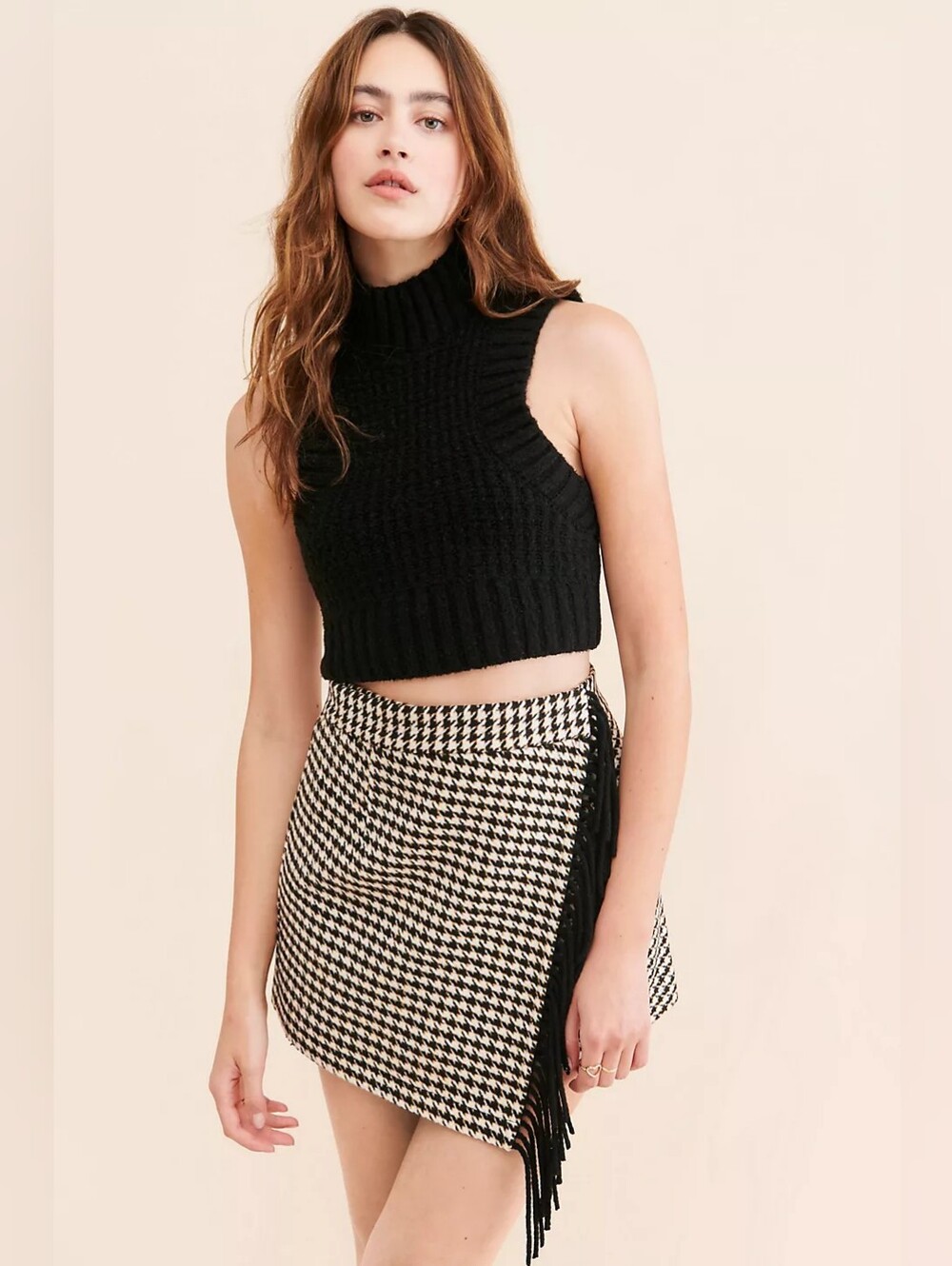 Asymmetrical Fringe Wrap Skirt | Black & White | Size M